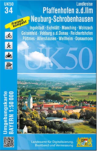 UK50-34 Landkreise Pfaffenhofen a.d.Ilm, Neuburg-Schrobenhausen: Ingolstadt, Eichstätt, Manching, Wolnzach, Geisenfeld, Vohburg a.d. Donau, ... Karte Freizeitkarte Wanderkarte)