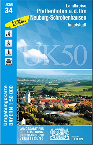 UK50-34 Landkreise Pfaffenhofen a.d.Ilm, Neuburg-Schrobenhausen: Ingolstadt, Vohburg a.d.Donau, Schrobenhausen, Neuburg a.d.Donau, Eichstätt, ... Karte Freizeitkarte Wanderkarte)