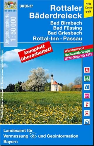 UK50-37 Rottaler Bäderdreieck: Bad Birnbach, Bad Füssing, Bad Griesbach, Rottal-Inn, Passau, Pfarrkirchen, Eggenfelden, Pocking, Vilshofen an der ... Karte Freizeitkarte Wanderkarte)