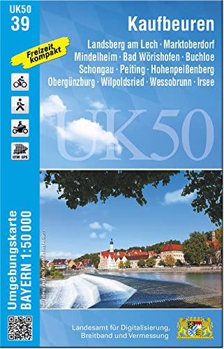 UK50-39 Kaufbeuren: Landsberg am Lech, Marktoberdorf, Mindelheim, Bad Wörishofen, Buchloe, Schongau, Peiting, Hohenpeißenberg, Obergünzburg, ... Karte Freizeitkarte Wanderkarte) von Landesamt für Digitalisierung, Breitband und Vermessung, Bayern