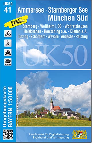 UK50-41 Ammersee, Starnberger See, München-Süd: Starnberg, Weilheim i. OB, Wolfratshausen, Holzkirchen, Herrsching a. A., Dießen a. A., Tutzing, ... Karte Freizeitkarte Wanderkarte) von Landesamt für Digitalisierung, Breitband und Vermessung, Bayern