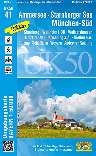 UK50-41 Ammersee, Starnberger See, München-Süd: Starnberg, Weilheim i. OB, Wolfratshausen, Holzkirchen, Herrsching a. A., Dießen a. A., Tutzing, ... Karte Freizeitkarte Wanderkarte)