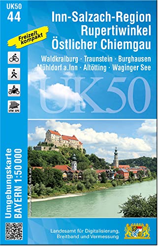 UK50-44 Inn-Salzach-Region, Rupertiwinkel, Östlicher Chiemgau: Mühldorf a.Inn, Töging a.Inn, Trostberg, Tittmoning, Laufen, Traunreut, Freilassing, ... Karte Freizeitkarte Wanderkarte) von LDBV Bayern