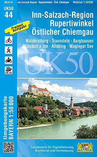 UK50-44 Inn-Salzach-Region, Rupertiwinkel, Östlicher Chiemgau: Mühldorf a.Inn, Töging a.Inn, Trostberg, Tittmoning, Laufen, Traunreut, Freilassing, ... Karte Freizeitkarte Wanderkarte)