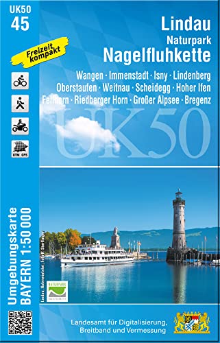 UK50-45 Lindau, Naturpark Nagelfluhkette: Wangen, Immenstadt, Isny, Lindenberg, Oberstaufen, Weitnau, Scheidegg, Hoher Ifen, Fellhorn, Riedberger ... Karte Freizeitkarte Wanderkarte) von Landesamt für Digitalisierung, Breitband und Vermessung, Bayern