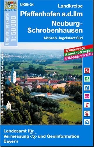 UK50-34 Landkreise Pfaffenhofen a.d.Ilm, Neuburg-Schrobenhausen: Aichach, Ingolstadt Süd, Neuburg a.d.Donau, Vohburg a.d.Donau, Manching, ... Karte Freizeitkarte Wanderkarte)