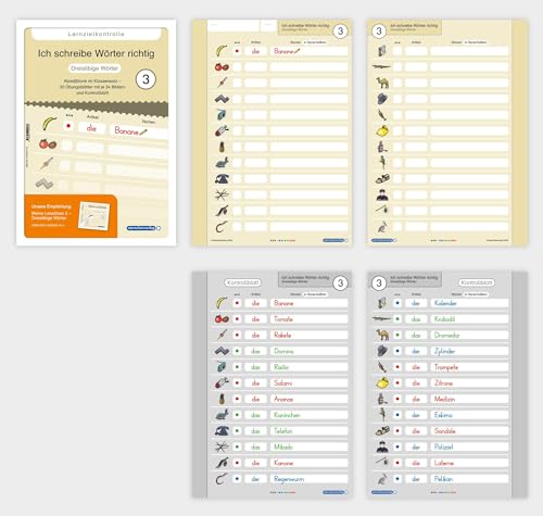 Ich schreibe Wörter richtig - Abreißblock 3 - Lernzielkontrolle - Dreisilbige Wörter: Ein Klassensatz mit 30 Übungsblättern und 24 Bildern von sternchenverlag