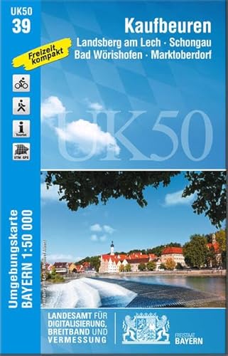 UK50-39 Kaufbeuren: Landsberg am Lech, Schongau, Bad Wörishofen, Marktoberdorf, mittleres Lechtal, Buchloe, Mindelheim, Ostallgäu, Neugablonz, Kloster ... Karte Freizeitkarte Wanderkarte)