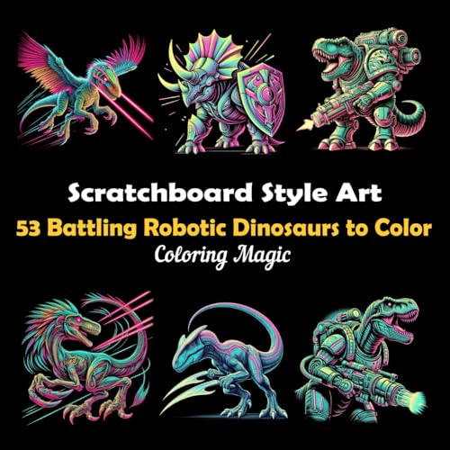 53 Battling Robotic Dinosaurs to Color: An adult coloring book featuring elegant black and white scratch art sketches with black background (Black Background Scratch Art Style Coloring Series) von Independently published