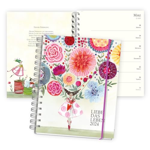 Kalender 2024 Planer DIN A5 Ringbuch I Taschenkalender "Liebe das Leben" I 1 Woche 2 Seiten Terminplaner, liebevoll illustriert mit motivierenden Sinnsprüchen