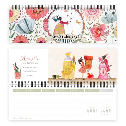 Tischkalender 2024 Quer als Wochenplaner I Wochenkalender für Büro oder Zuhause, mit Wochennummern, Feiertagen und inspirierenden Lebensweisheiten, Design mit Elfen und Blumen von Silke Leffler