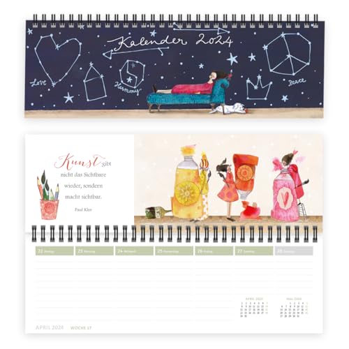 Tischkalender 2024 quer I Mit Zitaten I Wochenkalender für Büro oder Zuhause, mit Wochennummern, Feiertagen und inspirierenden Zitaten, Design mit Elfen und Farbtuben von Silke Leffler