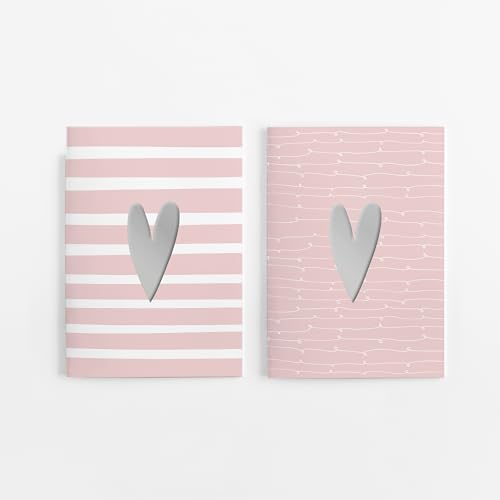 4er Set Notizheft DIN A5 (blanko) in rosa mit 2 verschiedenen Herz-Motiven und jeweils 40 Seiten in weiß mit 120 g Papier. Vorderseite mit hochwertiger Silberfolien-Veredelung.