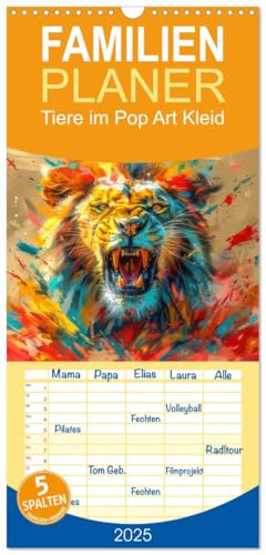 Familienplaner 2025 - Tiere im Pop Art Kleid mit 5 Spalten (Wandkalender, 21 cm x 45 cm), CALVENDO von CALVENDO