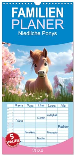 Familienplaner 2024 - Niedliche Ponys mit 5 Spalten (Wandkalender, 21 cm x 45 cm) CALVENDO
