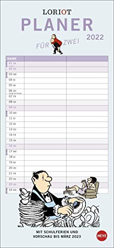 Loriot Planer für zwei 2022 - Familienplaner - Wandkalender mit Monatskalendarium - 2 Spalten, Schulferien, 3-Monats-Ausblick Januar bis März 2023 - 16 x 34,7 cm