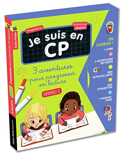 Je suis en CP - Coffret niveau 2 : 3 aventures pour progresser en lecture: La remplaçante ; Jour de piscine ; Le bras cassé. Avec 2 accroches de porte, 8 étiquettes, 1 marque-page, 22 autocollants