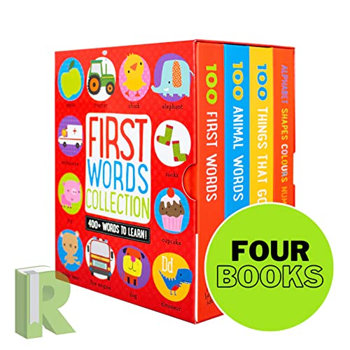 First Words Collection 4-teiliges Set für Kinderbücher (100 Tierwörter, 100 Dinge, die gehen, 100 erste Wörter, Alphabet, Formen, Farben, Zahlen)