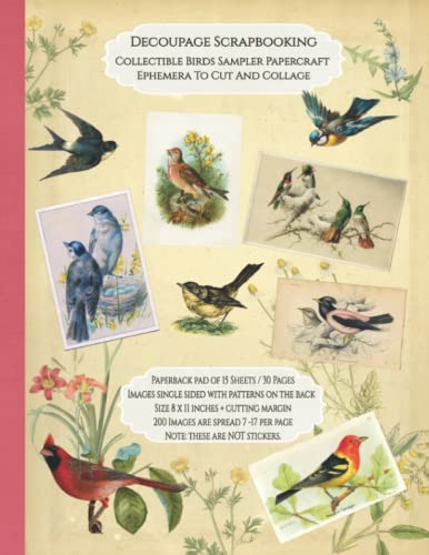 Decoupage Scrapbooking Collectible Birds Sampler Papercraft Ephemera To Cut And Collage: 15 sheets-30 Pages 8x11 inch Paperback with 200 Images