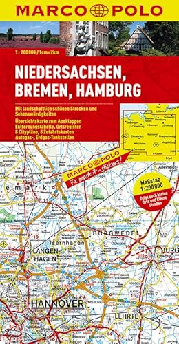 MARCO POLO Karte Niedersachsen, Bremen, Hamburg 1:200.000: Mit landschaftlich schönen Strecken und Sehenswürdigkeiten. Übersichtskarte zum Ausklappen, ... (MARCO POLO Karten 1:200.000)