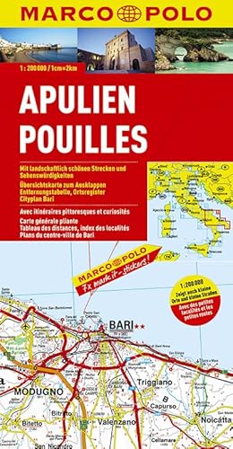 MARCO POLO Karten 1:200.000: MARCO POLO Karte Apulien: Mit landschaftlich schönen Strecken und Sehenswürdigkeiten. Übersichtskarte zum Ausklappen, Entfernungstabelle, Ortsregister, Cityplan Bari