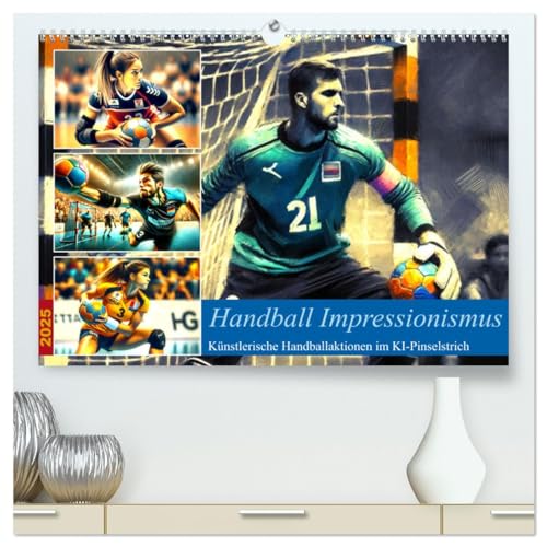 Handball Impressionismus, Künstlerische Handballaktionen im KI-Pinselstrich (hochwertiger Premium Wandkalender 2025 DIN A2 quer), Kunstdruck in Hochglanz von CALVENDO