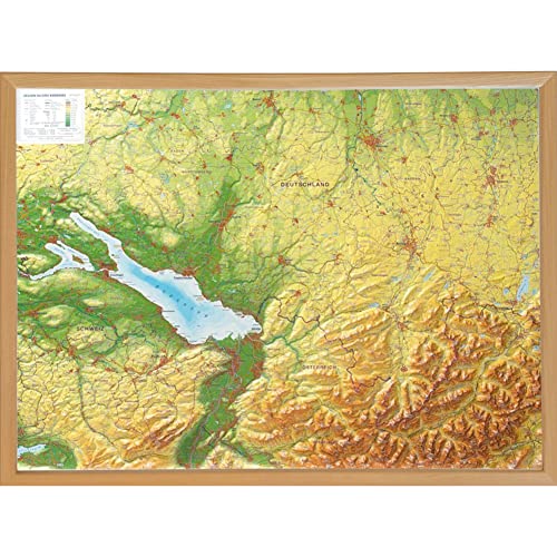 Allgäu Bodensee, Reliefkarte 1:200.000 mit Naturholzrahmen: Tiefgezogenes Kunststoffrelief Allgäu Bodensee, Reliefkarte 1:200.000 mit Naturholzrahmen: Tiefgezogenes Kunststoffrelief