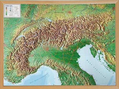 Alpen, Reliefkarte 1:1.2.000.000 mit Naturholzrahmen: Tiefgezogenes Kunststoffrelief Alpen, Reliefkarte 1:1.2.000.000 mit Naturholzrahmen: Tiefgezogenes Kunststoffrelief von georelief Vertriebs GbR