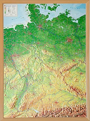 Deutschland, Reliefkarte 1:1.2.000.000 mit Naturholzrahmen: Tiefgezogenes Kunststoffrelief Deutschland, Reliefkarte 1:1.2.000.000 mit Naturholzrahmen: Tiefgezogenes Kunststoffrelief