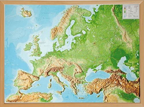 Europa, Reliefkarte 1:8.000.000 mit Naturholzrahmen: Tiefgezogenes Kunststoffrelief Europa, Reliefkarte 1:8.000.000 mit Naturholzrahmen: Tiefgezogenes Kunststoffrelief