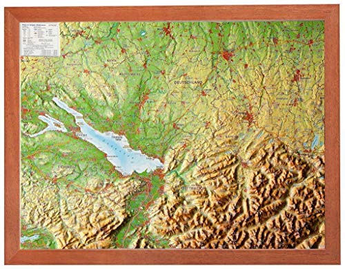 Relief Allgäu Bodensee mit Holzrahmen (1.400.000): Reliefkarte Allgäu Bodensee mit Holzrahmen: Tiefgezogenes Kunststoffrelief
