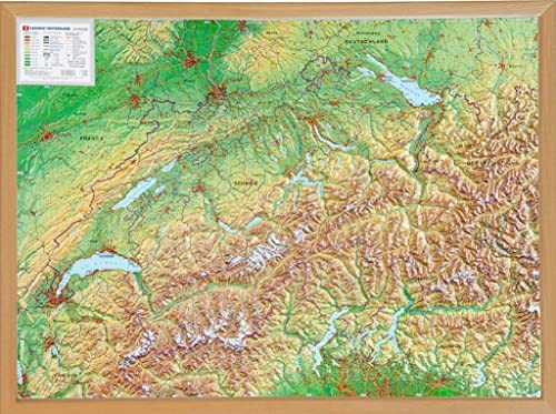 Schweiz, Reliefkarte 1:500.000 mit Naturholzrahmen: Tiefgezogenes Kunststoffrelief von Georelief