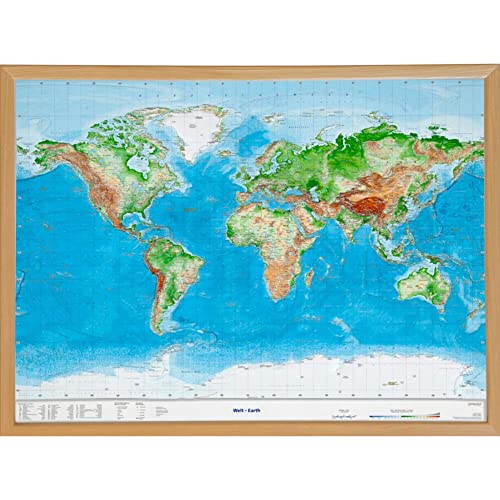 Welt, Reliefkarte Gross 1:53.000.000 mit Naturholzrahmen: Tiefgezogenes Kunststoffrelief Welt, Reliefkarte Gross 1:53.000.000 mit Naturholzrahmen: Tiefgezogenes Kunststoffrelief