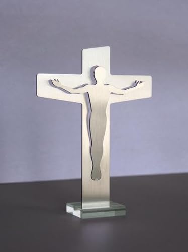 Segens-Kreuz: aus beidseitig gebürstetem Edelstahl, mit Acrylglas-Sockel