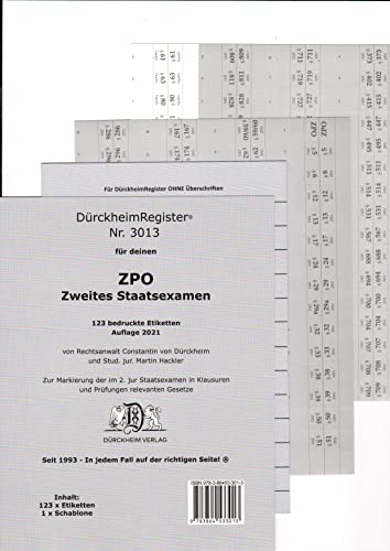 DürckheimRegister® ZPO-THOMAS-PUTZO-2. Staatsexamen: 123 Registeretiketten (sog. Griffregister) für die wichtigesten §§ in deiner ZPO z.B. im ... wichtigen Paragrafen für das 2. STAATSEXAMEN