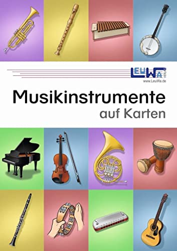 Musikinstrumente auf Karten: Technisch genau gezeichnete Musikinstrumente mit den Instrumentennamen und Instrumentengruppen