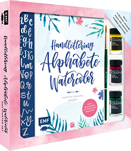 Handlettering Alphabete Watercolor – Das Starter-Set – Feine Buchstaben mit Pinsel und Brush Pen: Buch, 3 original Marabu Aqua-Ink-Graphix-Farben und Pinsel