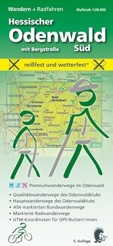 Wandern, Hessischer Odenwald Süd mit Bergstraße: reißfest und wetterfest; Premiumwanderwege im Odenwald; Qualitätswege des Odenwaldklubs; ... für GPS-Nutzer/innen. 1:30.000