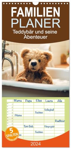 Familienplaner 2024 - Teddybär und seine Abenteuer mit 5 Spalten (Wandkalender, 21 cm x 45 cm) CALVENDO