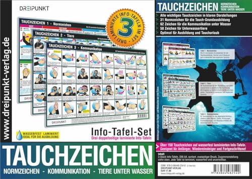 Info-Tafel-Set Tauchzeichen: 3 laminierte Info-Tafeln mit über 150 Tauchzeichen für die sichere Kommunikation unter Wasser