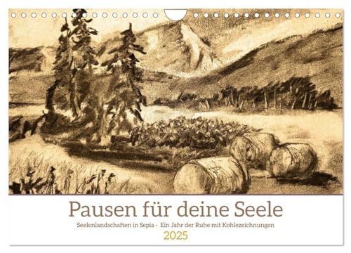 Pausen für deine Seele - Seelenlandschaften in Sepia - Ein Jahr der Ruhe mit Kohlezeichnungen (Wandkalender 2025 DIN A4 quer), CALVENDO Monatskalender von CALVENDO