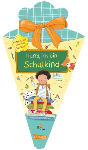 Schlau für die Schule: Hurra, ich bin Schulkind (Schultüte mint/gelb): Rätselspaß und viele Sticker | Rätselbuch zum Knobeln, Malen und Eintragen ab 5 Jahren, formgestanzt als Schultüte