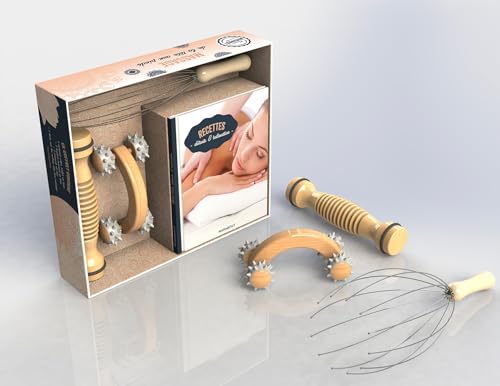 Coffret massage de la tête aux pieds: Avec 1 masseur corps roller en bois, 1 rouleau-masseur en bois, 1 masseur de tête, 1 livre sur les secrets d'un bon massage