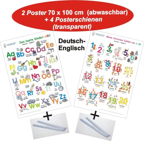Das bunte Kinder-ABC + Meine tierischen Zahlen von 1-20 Deutsch/Englisch + Posterschienen: 2 Lernposter, gerollt, abwaschbar je 70 x 100 cm, UV-Lack ... + UV-Lack beschichtet + 4 Posterschienen