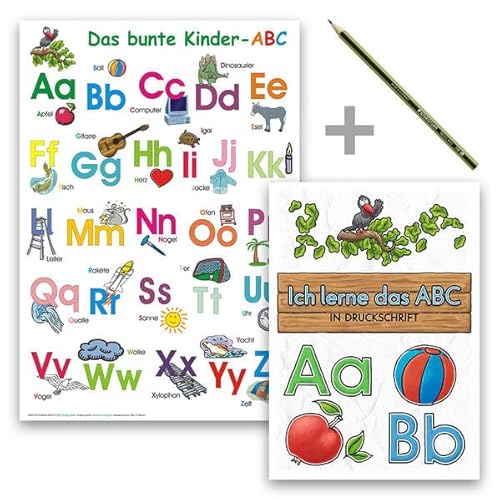 Das bunte Kinder-ABC - Set in Druckschrift: Lernposter DINA 4 laminiert + Schreiblernheft DINA 5 auf 120g/m² Zeichenkarton + Staedler Bleistift
