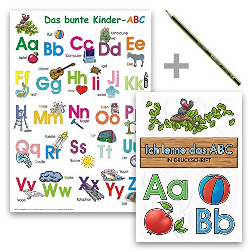 Das bunte Kinder-ABC - Set in Druckschrift: Lernposter DINA 4 laminiert + Schreiblernheft DINA 5 auf 120g/m² Zeichenkarton + Staedler Bleistift