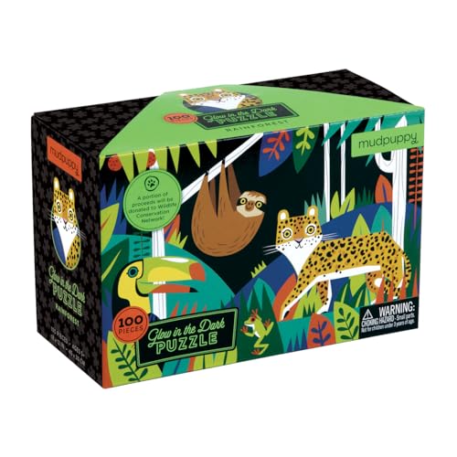 Galison and Mudpuppy 9780735347465 Rainforest Glow-in-the-Dark Puzzle, 100 Pieces, 18”x12” –Perfect for Kids Age 5+ - Colorful Illustrations of ... More –Award-Winning Glow in the Dark Puzzle