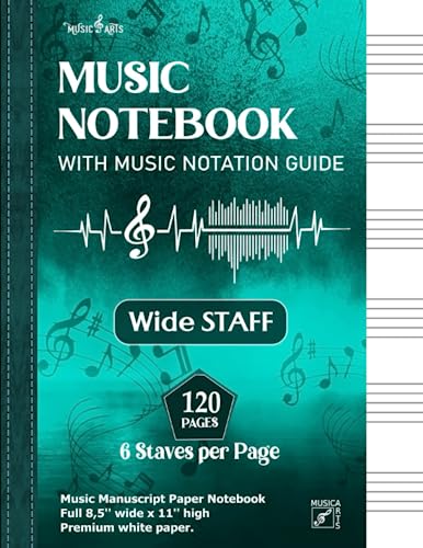 Music Notebook wide Staff | Music Manuscript Paper Notebook | 120 Pages - 6 Staves per Page | Full 8,5'' wide x 11'' high | Premium white Paper: The ... Exercises, and School - Mint Green Cover