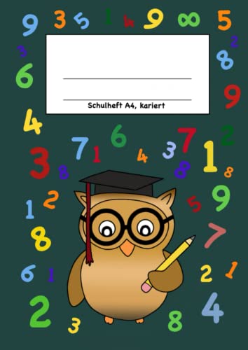Schulheft A4, kariert: 100 Seiten, 50 Blatt, mit Rand, süßes Eulen Mathematik Cover mit Zahlen in grün Schulheft A4, kariert: 100 Seiten, 50 Blatt, mit Rand, süßes Eulen Mathematik Cover mit Zahlen in grün