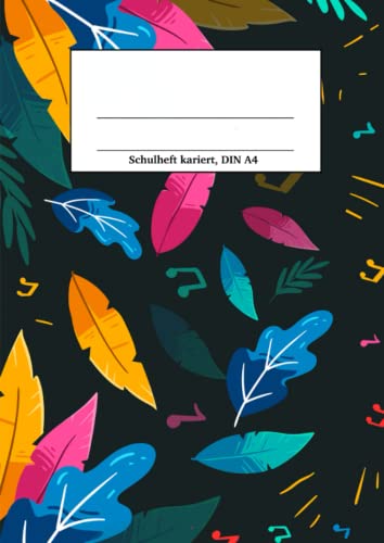 Schulheft kariert, DIN A4: Kariertes Heft mit bunten Federn in pink, türkis, orange und blau Schulheft kariert, DIN A4: Kariertes Heft mit bunten Federn in pink, türkis, orange und blau